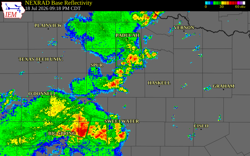 NEXRAD radar during the Saturday, July 18, 2026 storm activity in King County, Texas