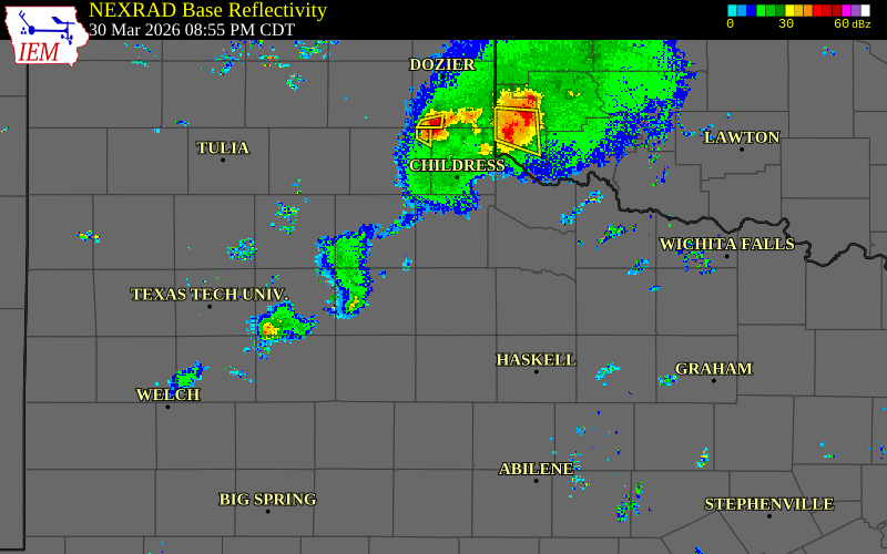 Radar snapshot during the Mar 30, 2026 hail event near 3 SW Grow, King County, Texas, with NWS warning polygons
