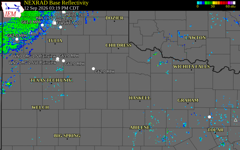 Current NEXRAD radar over King County, Texas with recent storm report locations