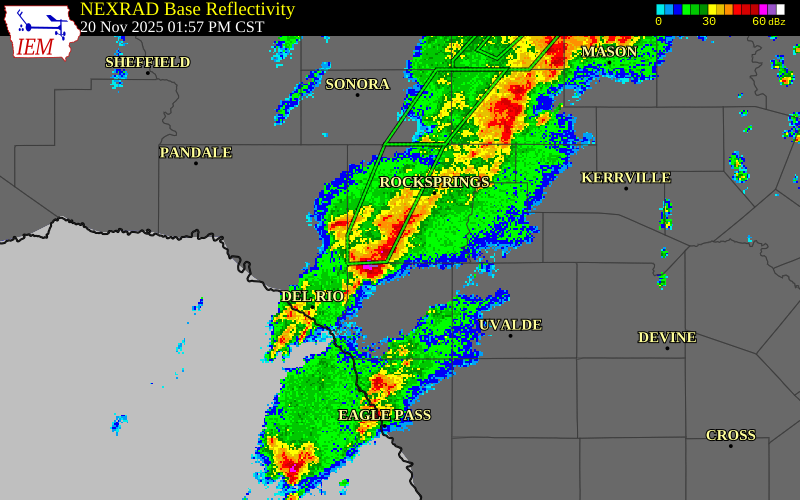 NEXRAD radar during the Thursday, November 20, 2025 storm activity in Kinney County, Texas