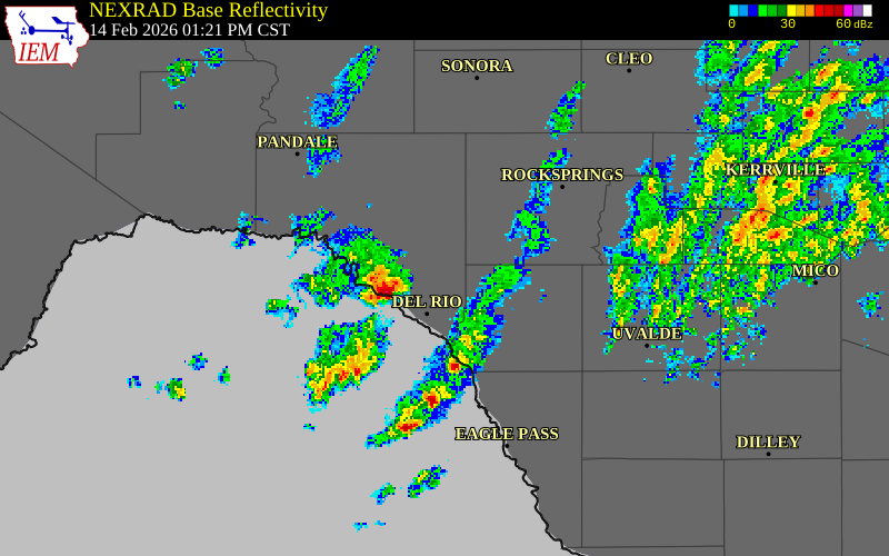 NEXRAD radar during the Saturday, February 14, 2026 storm activity in Kinney County, Texas