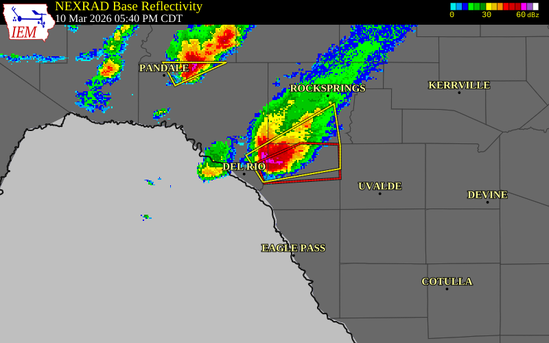 NEXRAD radar during the Tuesday, March 10, 2026 storm activity in Kinney County, Texas