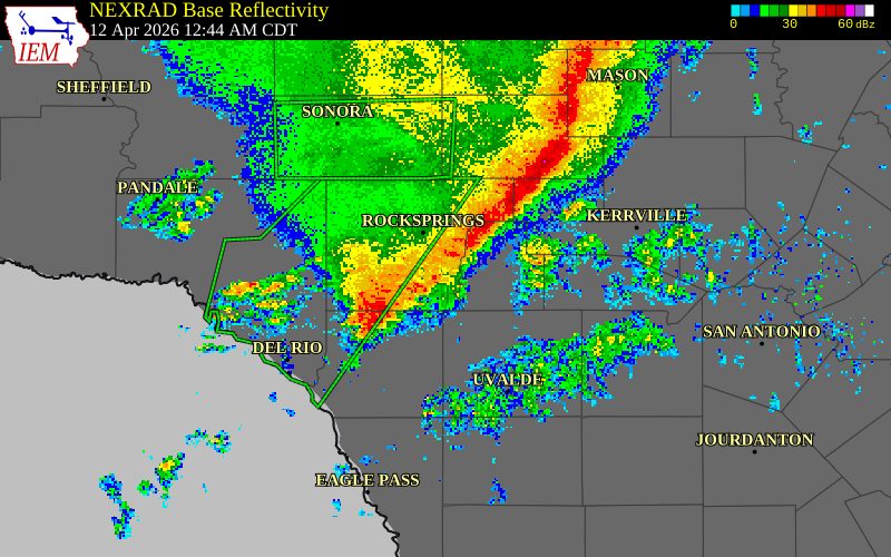 NEXRAD radar during the Sunday, April 12, 2026 storm activity in Kinney County, Texas
