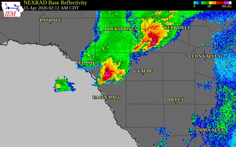 NEXRAD radar during the Wednesday, April 15, 2026 storm activity in Kinney County, Texas