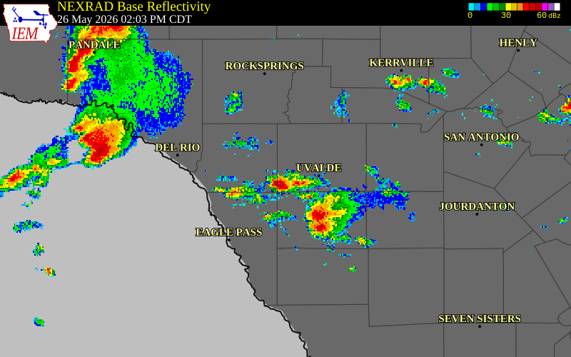 NEXRAD radar during the Tuesday, May 26, 2026 storm activity in Kinney County, Texas