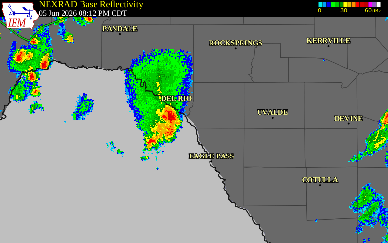 NEXRAD radar during the Friday, June 5, 2026 storm activity in Kinney County, Texas