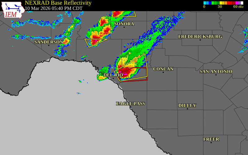 Radar snapshot during the Mar 10, 2026 tornado event near 9 ENE Laughlin AFB, Kinney County, Texas, with NWS warning polygons