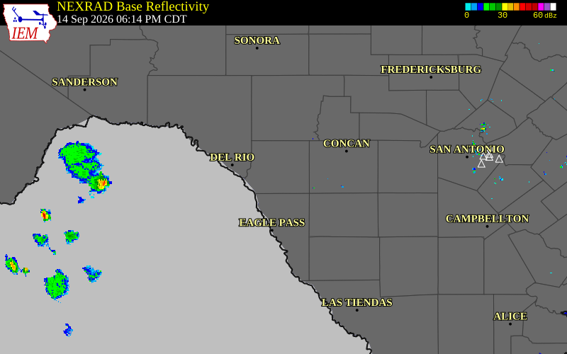 Current NEXRAD radar over Kinney County, Texas with recent storm report locations