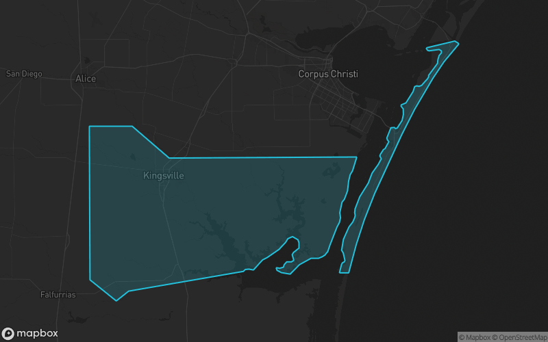 Map of Kleberg County, Texas showing the county boundary and surrounding cities