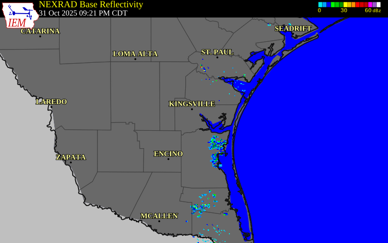 NEXRAD radar during the Friday, October 31, 2025 storm activity in Kleberg County, Texas