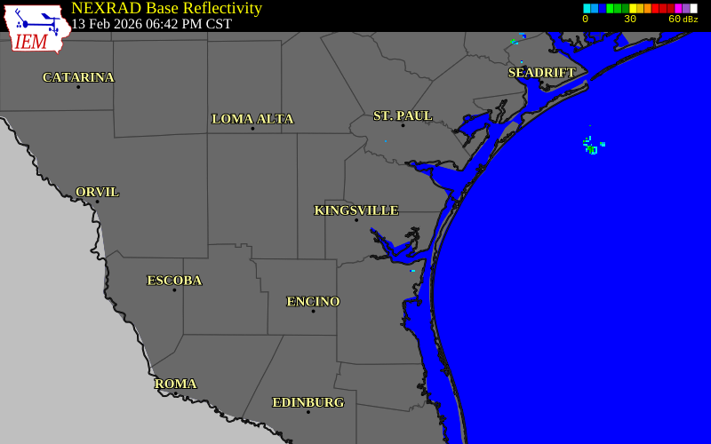 NEXRAD radar during the Friday, February 13, 2026 storm activity in Kleberg County, Texas