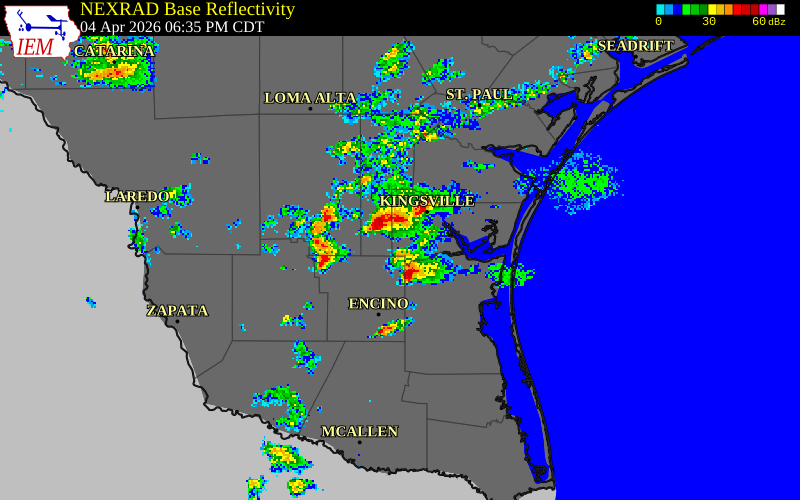 NEXRAD radar during the Saturday, April 4, 2026 storm activity in Kleberg County, Texas