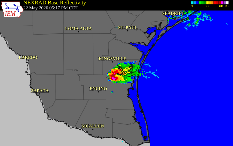 NEXRAD radar during the Friday, May 22, 2026 storm activity in Kleberg County, Texas