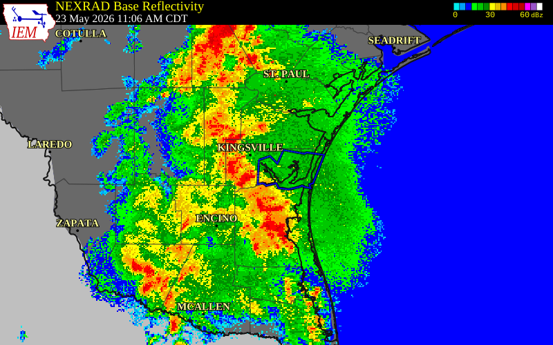 NEXRAD radar during the Saturday, May 23, 2026 storm activity in Kleberg County, Texas