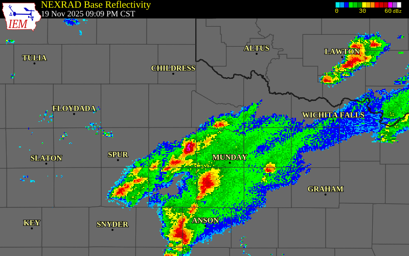 NEXRAD radar during the Wednesday, November 19, 2025 storm activity in Knox County, Texas