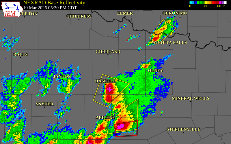 NEXRAD radar during the Tuesday, March 10, 2026 storm activity in Knox County, Texas