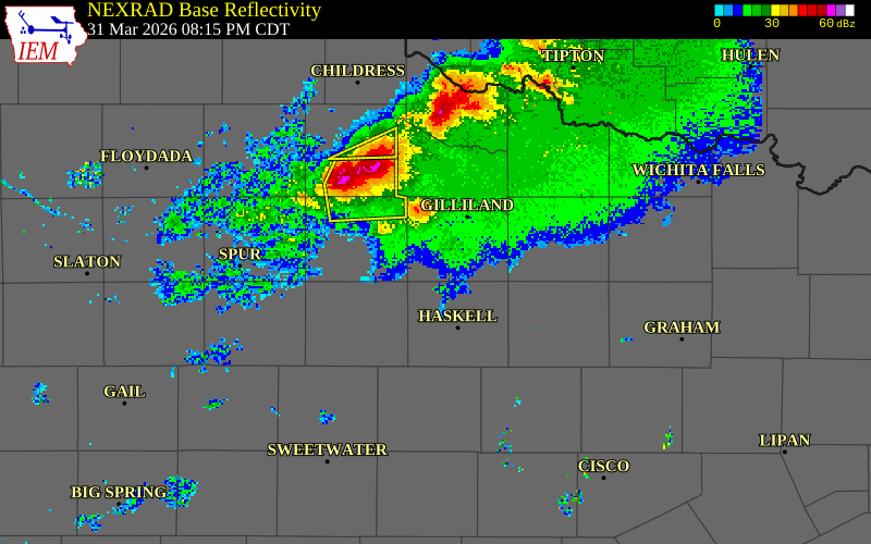 NEXRAD radar during the Tuesday, March 31, 2026 storm activity in Knox County, Texas