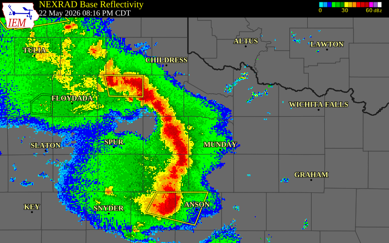 NEXRAD radar during the Friday, May 22, 2026 storm activity in Knox County, Texas