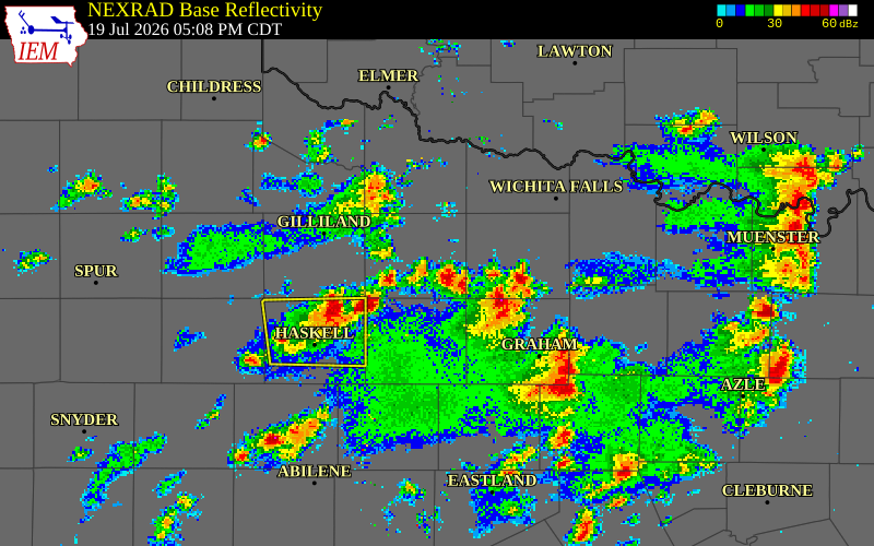 NEXRAD radar during the Sunday, July 19, 2026 storm activity in Knox County, Texas