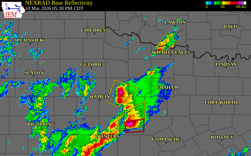 Radar snapshot during the Mar 10, 2026 hail event near 5 S Goree, Knox County, Texas, with NWS warning polygons