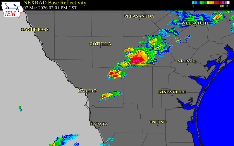 NEXRAD radar during the Saturday, March 7, 2026 storm activity in La Salle County, Texas