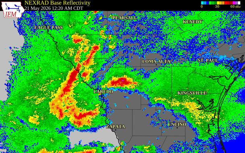 NEXRAD radar during the Thursday, May 21, 2026 storm activity in La Salle County, Texas