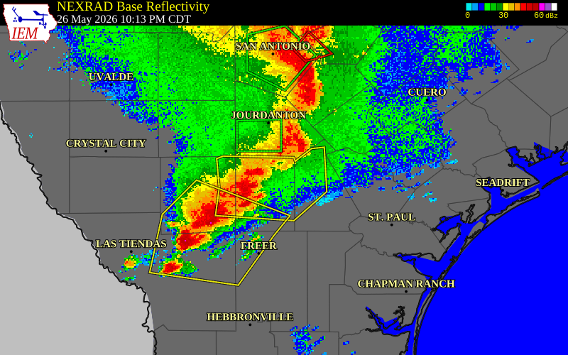 NEXRAD radar during the Tuesday, May 26, 2026 storm activity in La Salle County, Texas