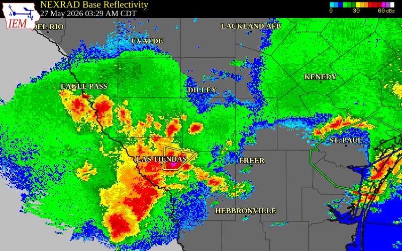 NEXRAD radar during the Wednesday, May 27, 2026 storm activity in La Salle County, Texas