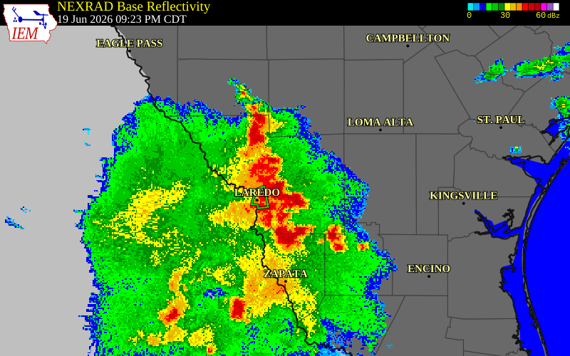 NEXRAD radar during the Friday, June 19, 2026 storm activity in La Salle County, Texas