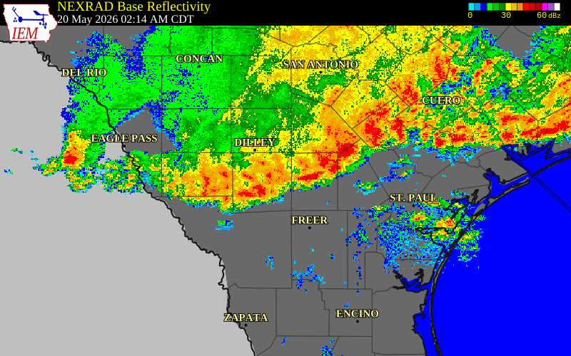 Radar snapshot during the May 20, 2026 wind event near La Salle County, La Salle County, Texas, with NWS warning polygons