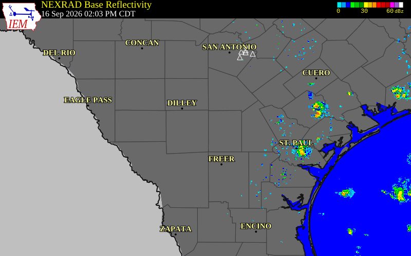 Current NEXRAD radar over La Salle County, Texas with recent storm report locations