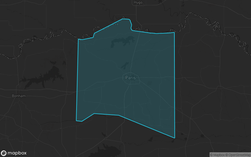 Map of Lamar County, Texas showing the county boundary and surrounding cities