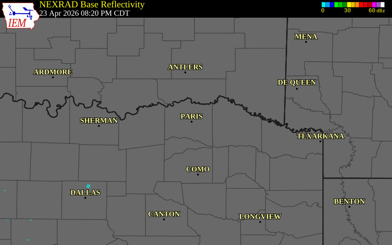 NEXRAD radar during the Thursday, April 23, 2026 storm activity in Lamar County, Texas