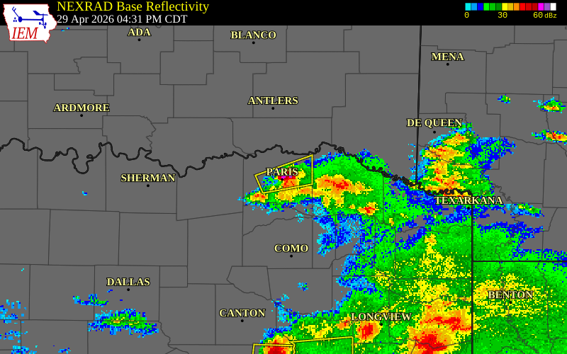 NEXRAD radar during the Wednesday, April 29, 2026 storm activity in Lamar County, Texas