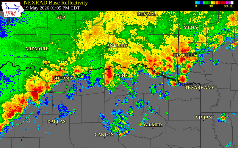 NEXRAD radar during the Tuesday, May 19, 2026 storm activity in Lamar County, Texas