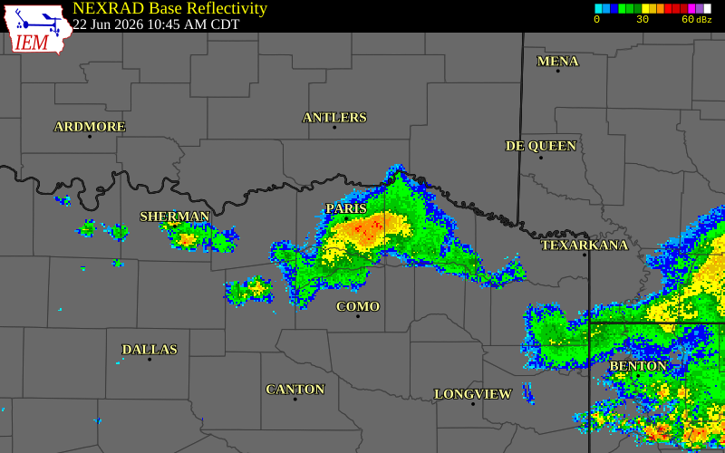 NEXRAD radar during the Monday, June 22, 2026 storm activity in Lamar County, Texas