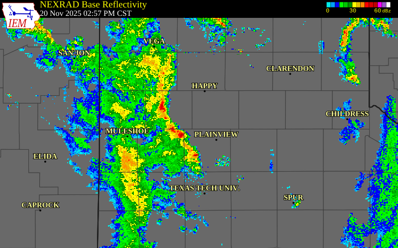 NEXRAD radar during the Thursday, November 20, 2025 storm activity in Lamb County, Texas
