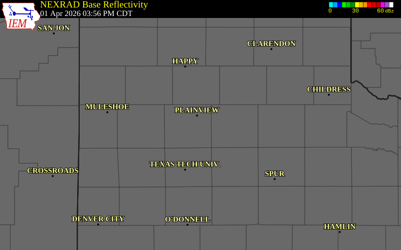 NEXRAD radar during the Wednesday, April 1, 2026 storm activity in Lamb County, Texas
