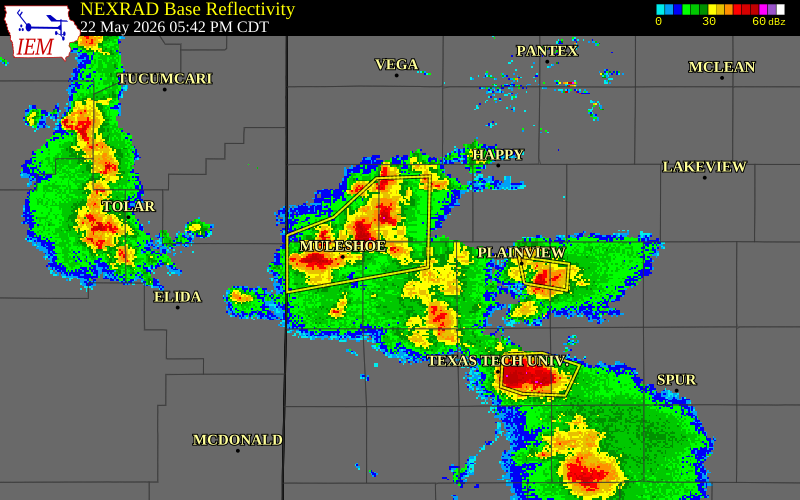 NEXRAD radar during the Friday, May 22, 2026 storm activity in Lamb County, Texas