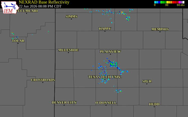 NEXRAD radar during the Monday, June 22, 2026 storm activity in Lamb County, Texas