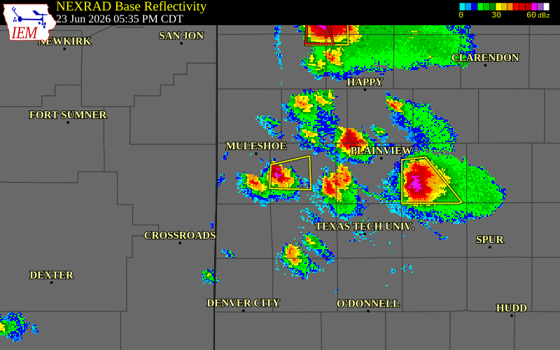 NEXRAD radar during the Tuesday, June 23, 2026 storm activity in Lamb County, Texas