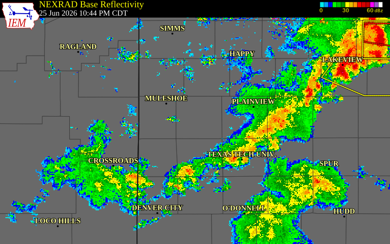 NEXRAD radar during the Thursday, June 25, 2026 storm activity in Lamb County, Texas