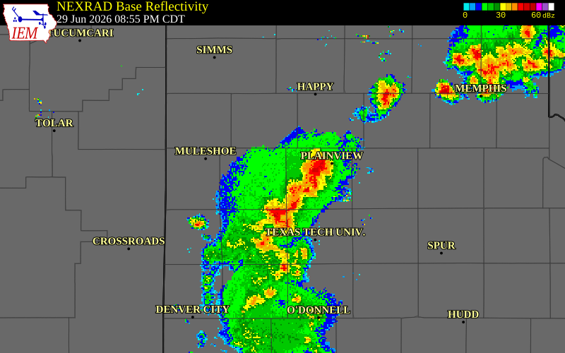 NEXRAD radar during the Monday, June 29, 2026 storm activity in Lamb County, Texas