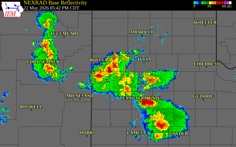 Radar snapshot during the May 22, 2026 tornado event near 3 N Earth, Lamb County, Texas, with NWS warning polygons