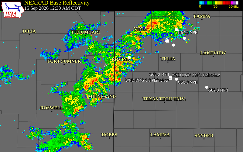 Current NEXRAD radar over Lamb County, Texas with recent storm report locations