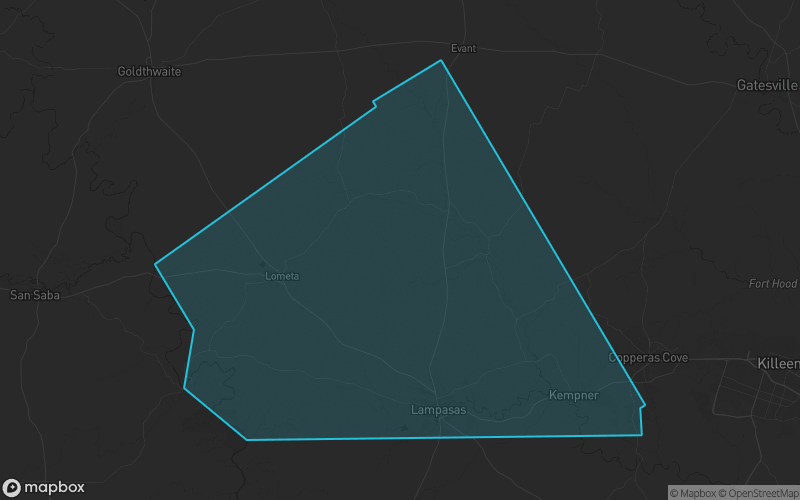 Map of Lampasas County, Texas showing the county boundary and surrounding cities