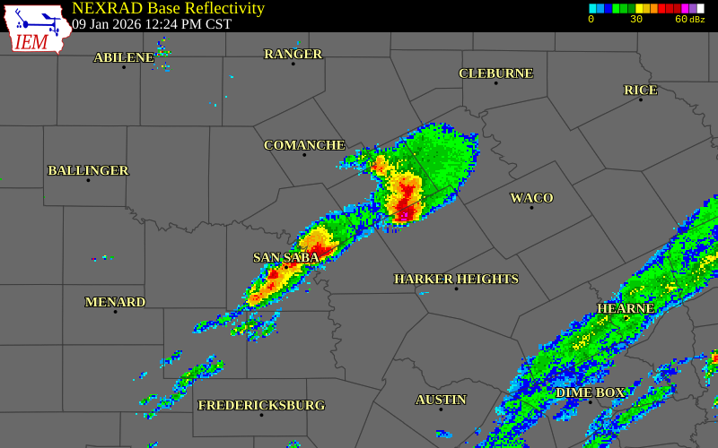 NEXRAD radar during the Friday, January 9, 2026 storm activity in Lampasas County, Texas