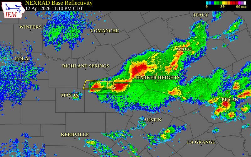 NEXRAD radar during the Sunday, April 12, 2026 storm activity in Lampasas County, Texas
