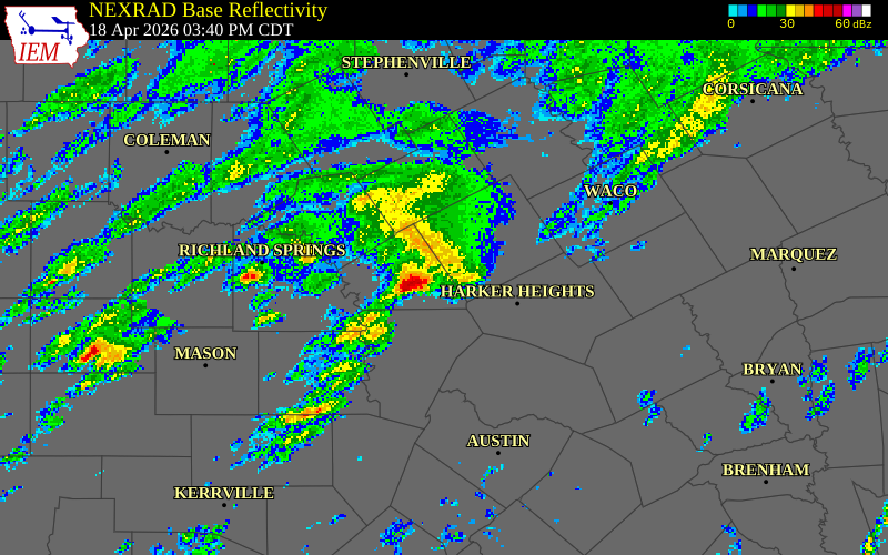NEXRAD radar during the Saturday, April 18, 2026 storm activity in Lampasas County, Texas