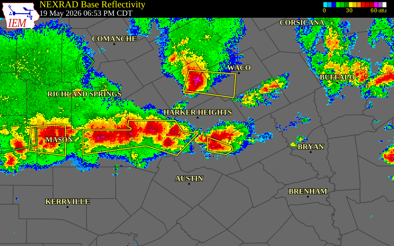 NEXRAD radar during the Tuesday, May 19, 2026 storm activity in Lampasas County, Texas